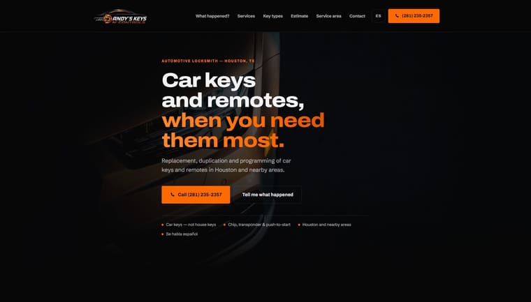 Sitio web de Andy's Keys & Controls, cerrajería automotriz en Houston