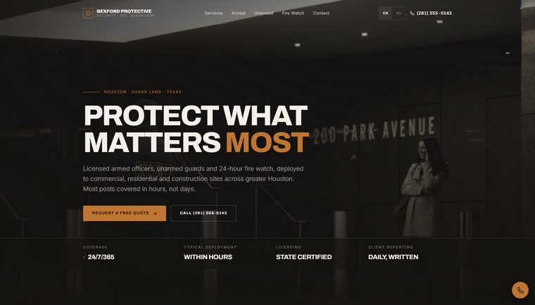 Sitio web de Bexford Protective Services, empresa de seguridad privada en Houston