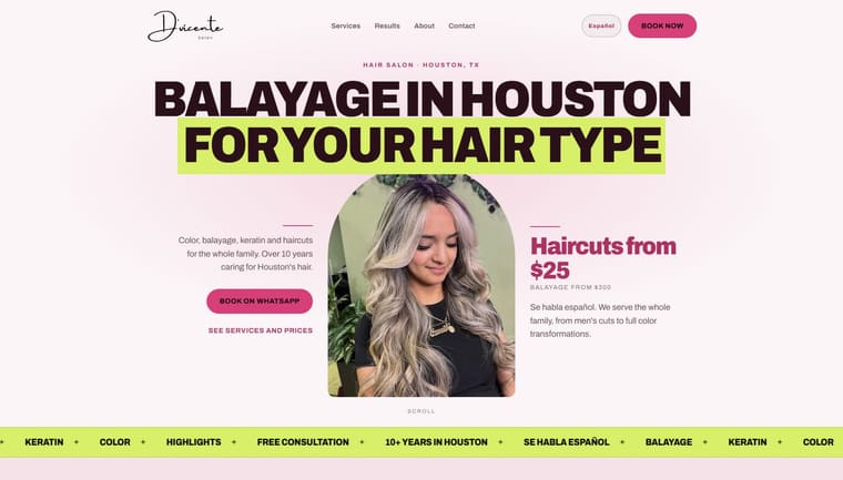 Sitio web de D'Vicente Salon, salón de balayage y color en Houston