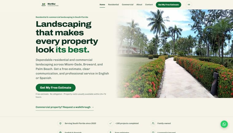 Sitio web de MerMar Landscaping, jardinería residencial y comercial en el sur de Florida