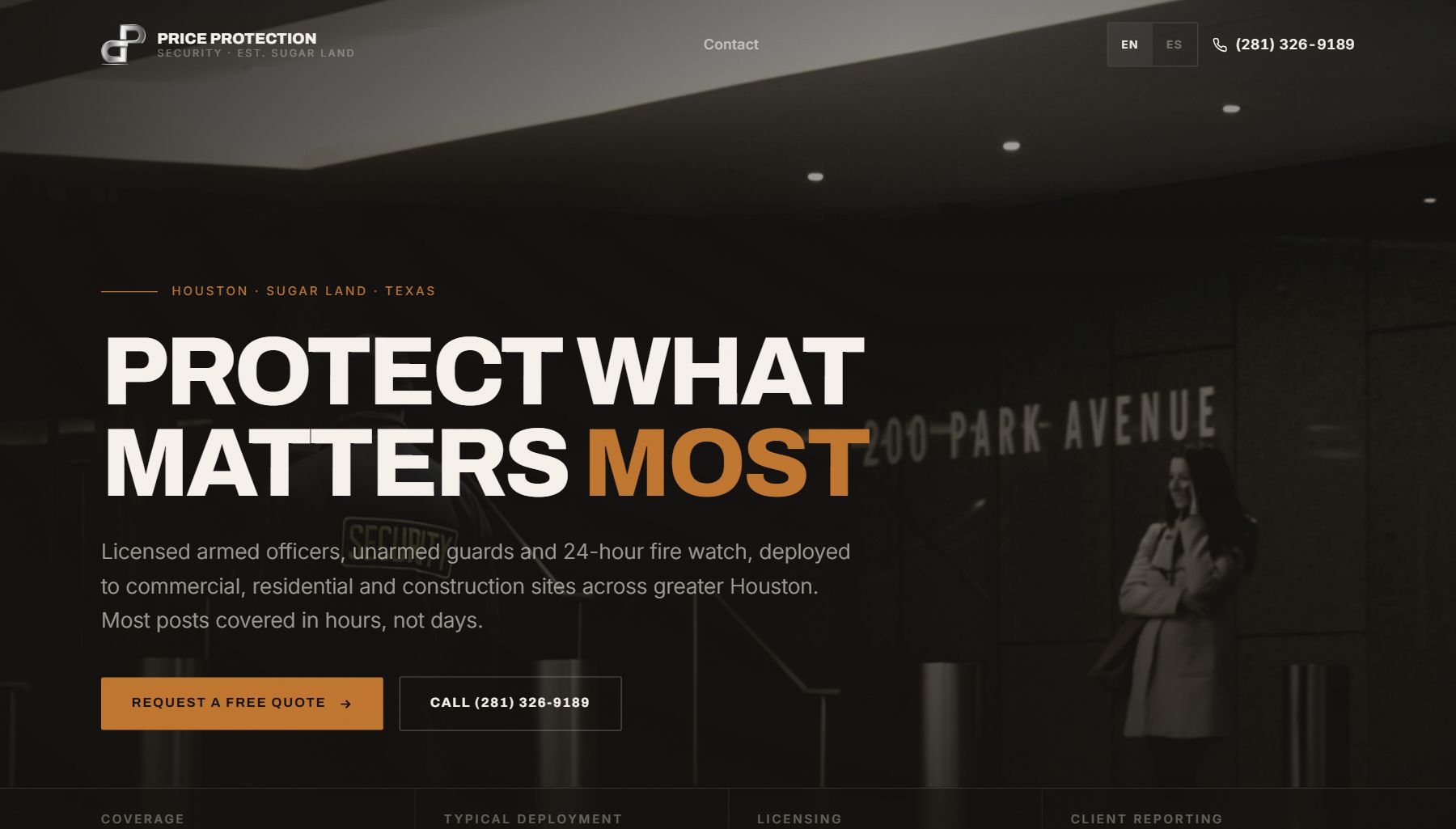 Sitio web de Price Protection, empresa de seguridad privada en Houston
