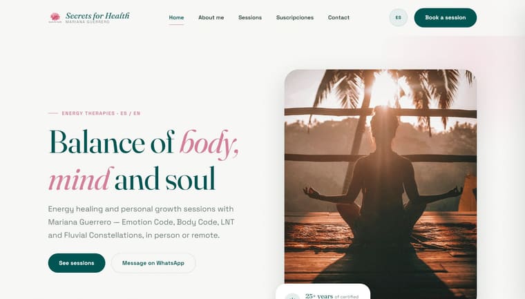 Sitio web de Secrets for Health, sesiones de sanación energética