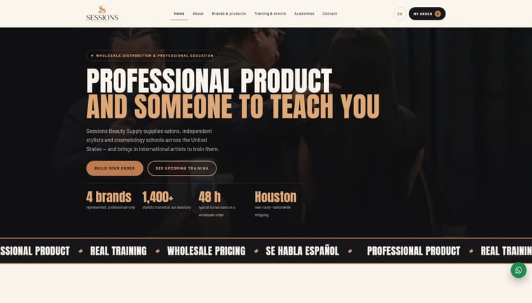 Sitio web de Sessions Beauty Supply, distribución mayorista de producto profesional
