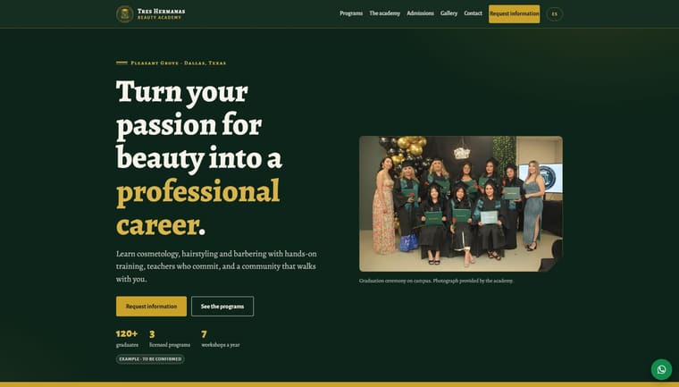 Sitio web de Tres Hermanas Beauty Academy, academia de cosmetología en Dallas